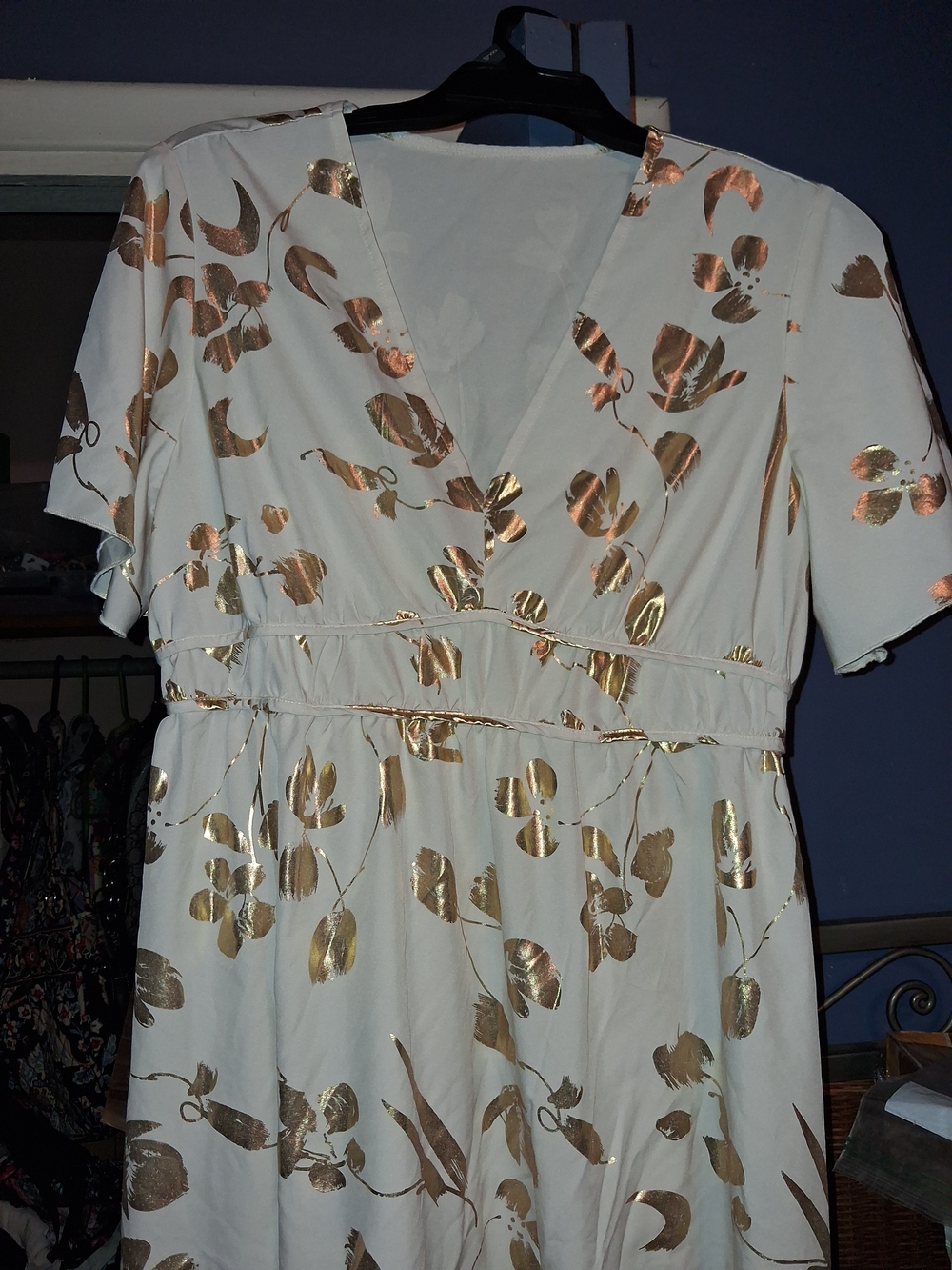 SHEIN White Maxi Dress with Metallic Gold Floral Accents